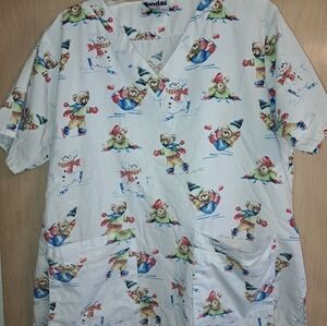 Landau‎ Womens Scrub Top White Blue Green XL Teddybear Winter Skating
